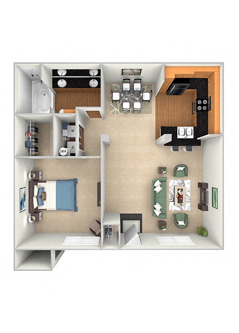 Floor plan for 1 bed, 1 bath, 810 sqft